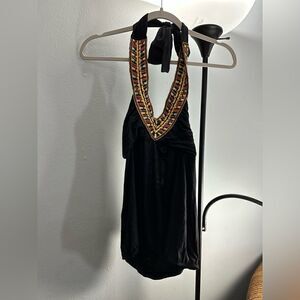 Chance Embroidered Tie Back Halter Tank Top Black Multi Color Stitching Large